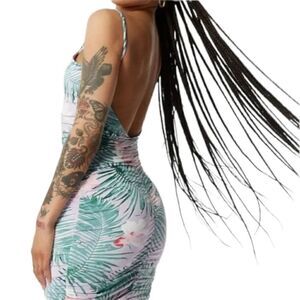 NEW Revamped Lilac Purple Palm Leaf Ruched Low Back Mini Dress Size Small